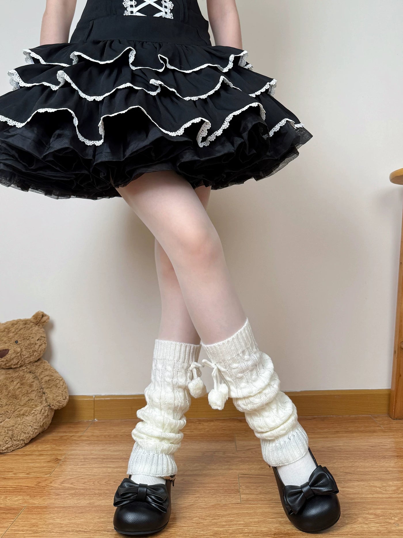 Chubby Bear Tales - Pom-Pom Cable Knit - Cable-Knit Sock Leg Warmers with Pom-Pom Ties