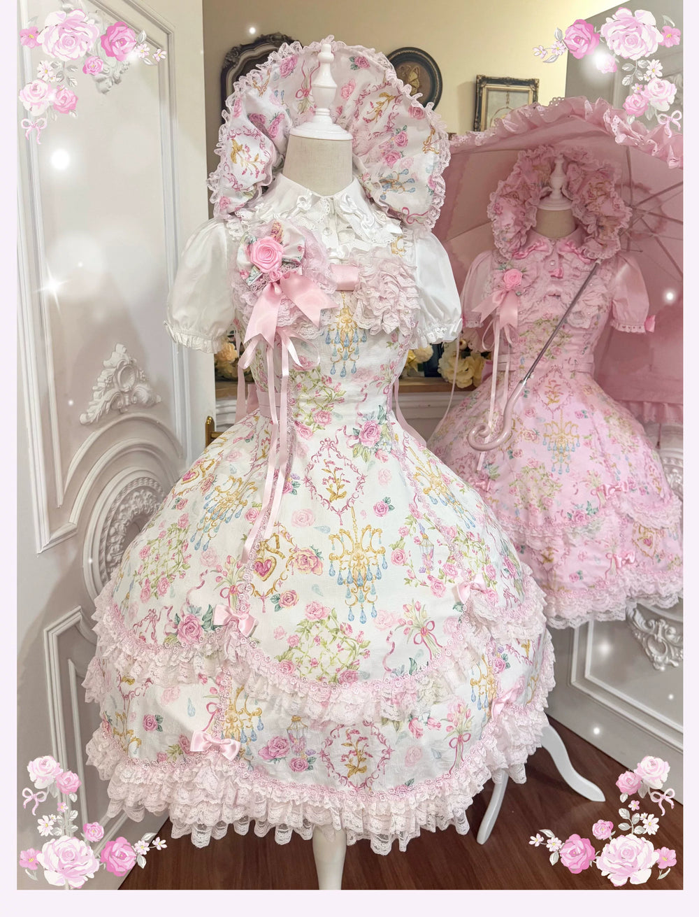 Tata Long Ear white and pink floral dresses with tiered lace hems