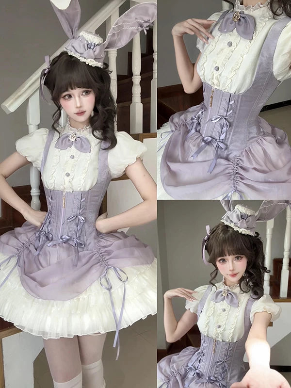Lavender rabbit-themed JSK dress set with a cream blouse, bow tie, ruffled skirt, and rabbit-ear hat.