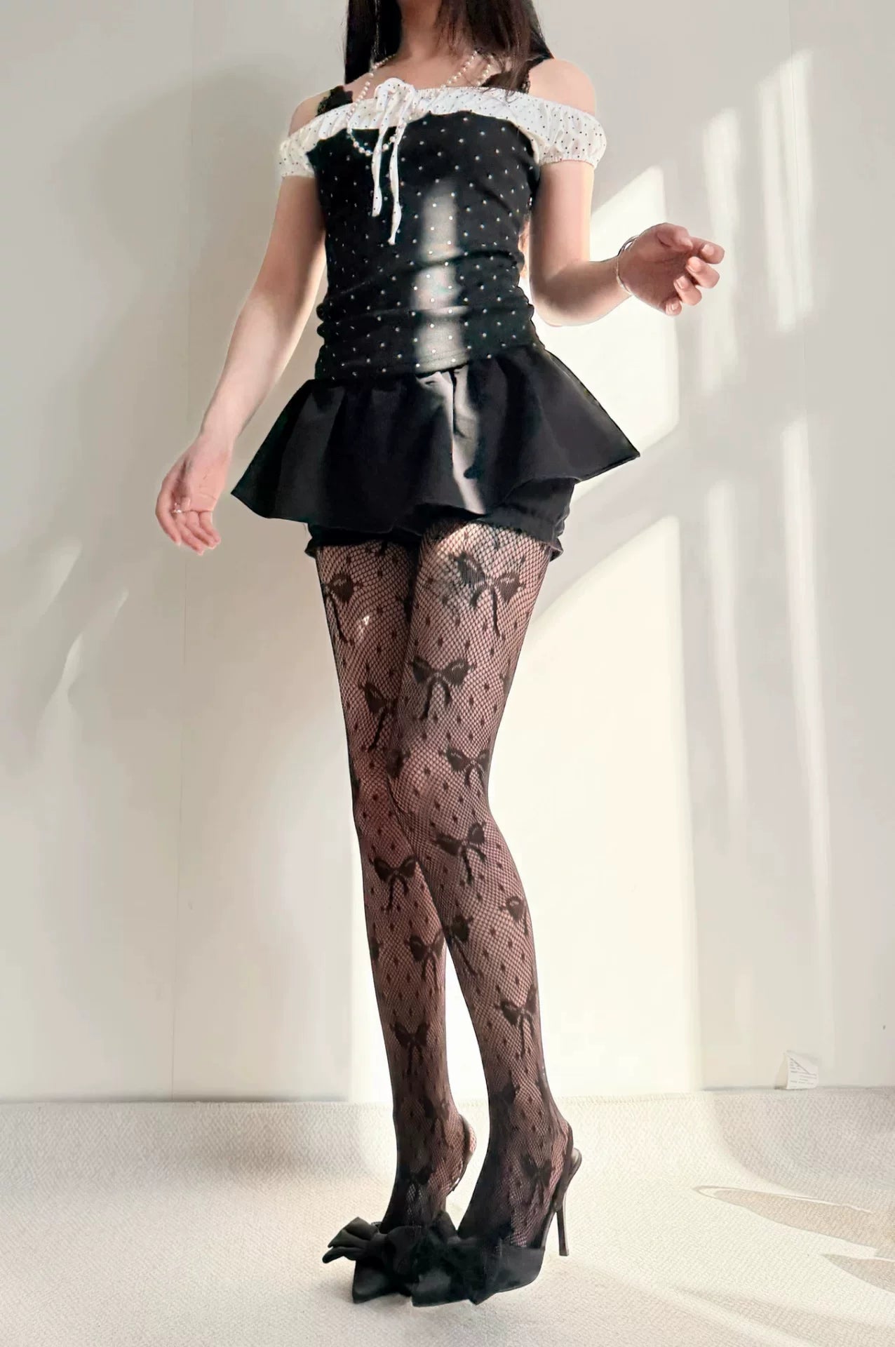 Fantasy Doll - French Bow Fishnet - Black, White, or Red Bow-Pattern Tights