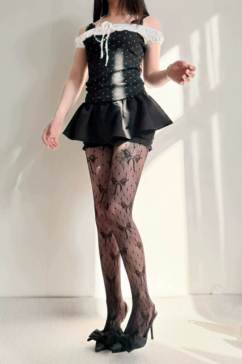 Fantasy Doll - French Bow Fishnet - Black, White, or Red Bow-Pattern Tights