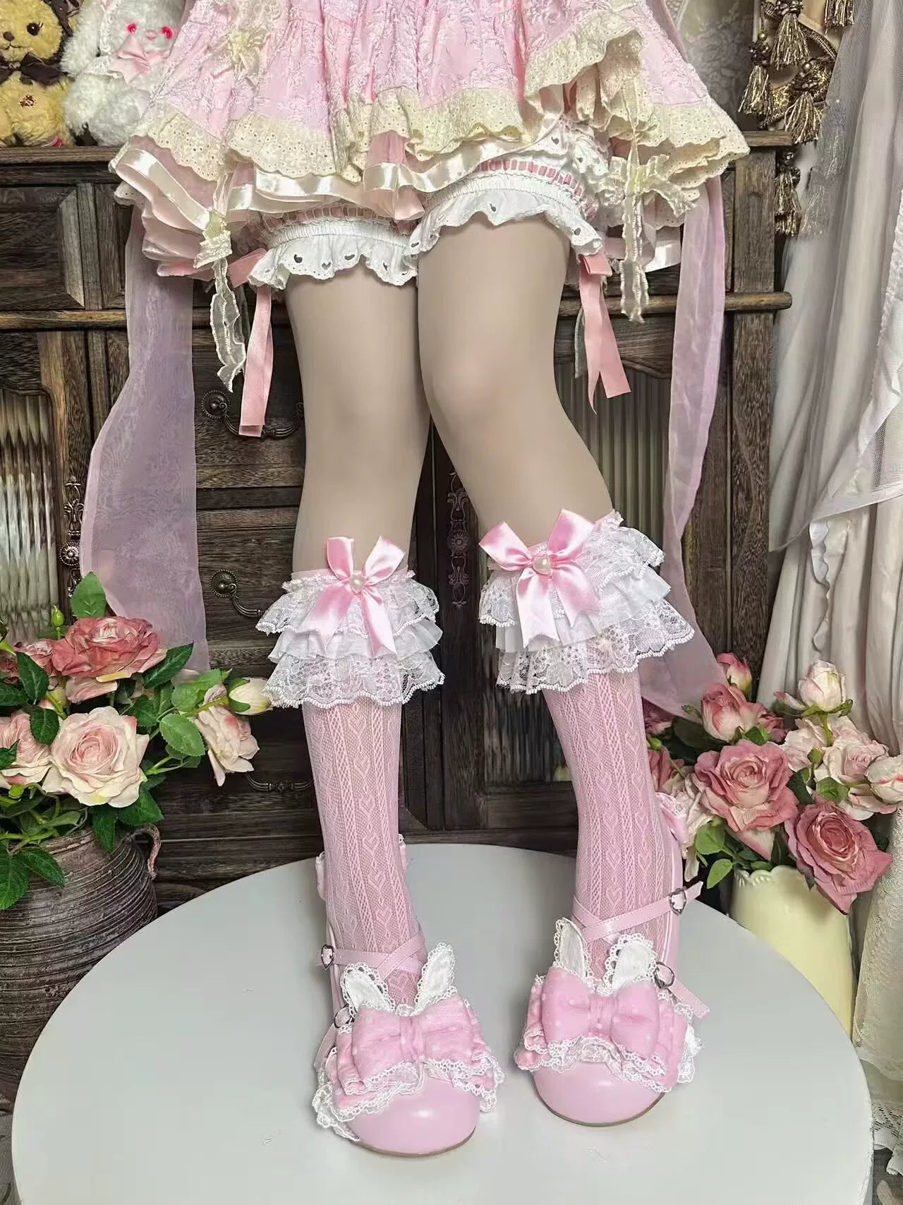 Fantasy Doll - Pearl Bow - Short Socks with Layered Lace Ruffles