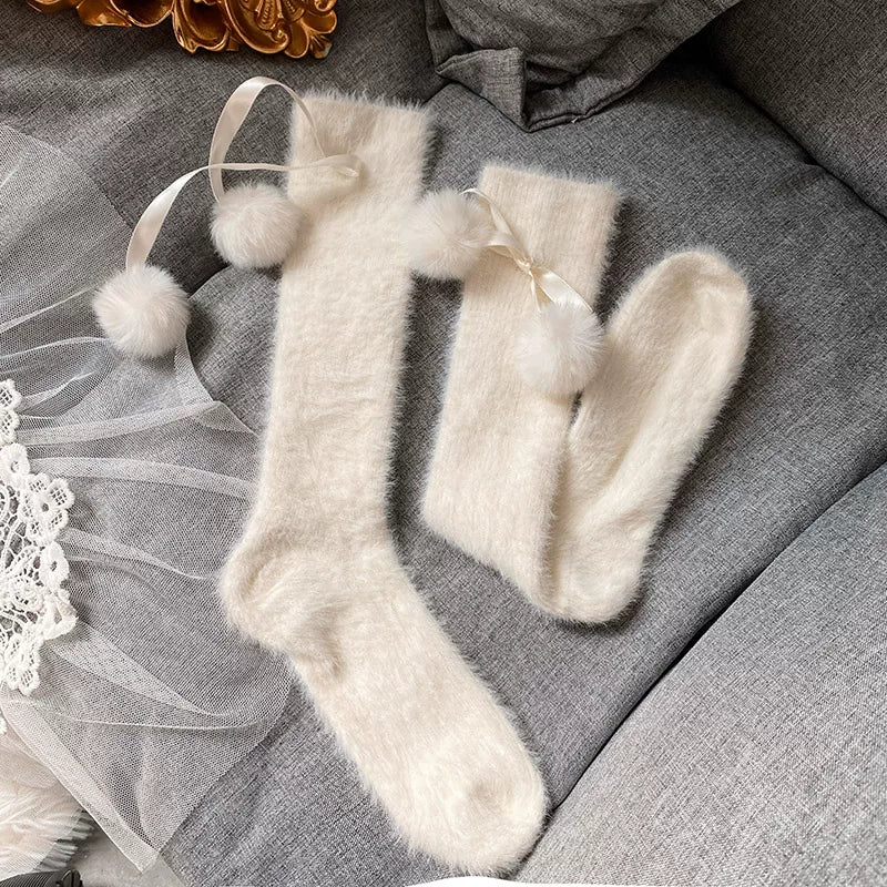 Sock Noble - Snowfield Pompom - Thick mid-calf slouch socks with pom-pom accents