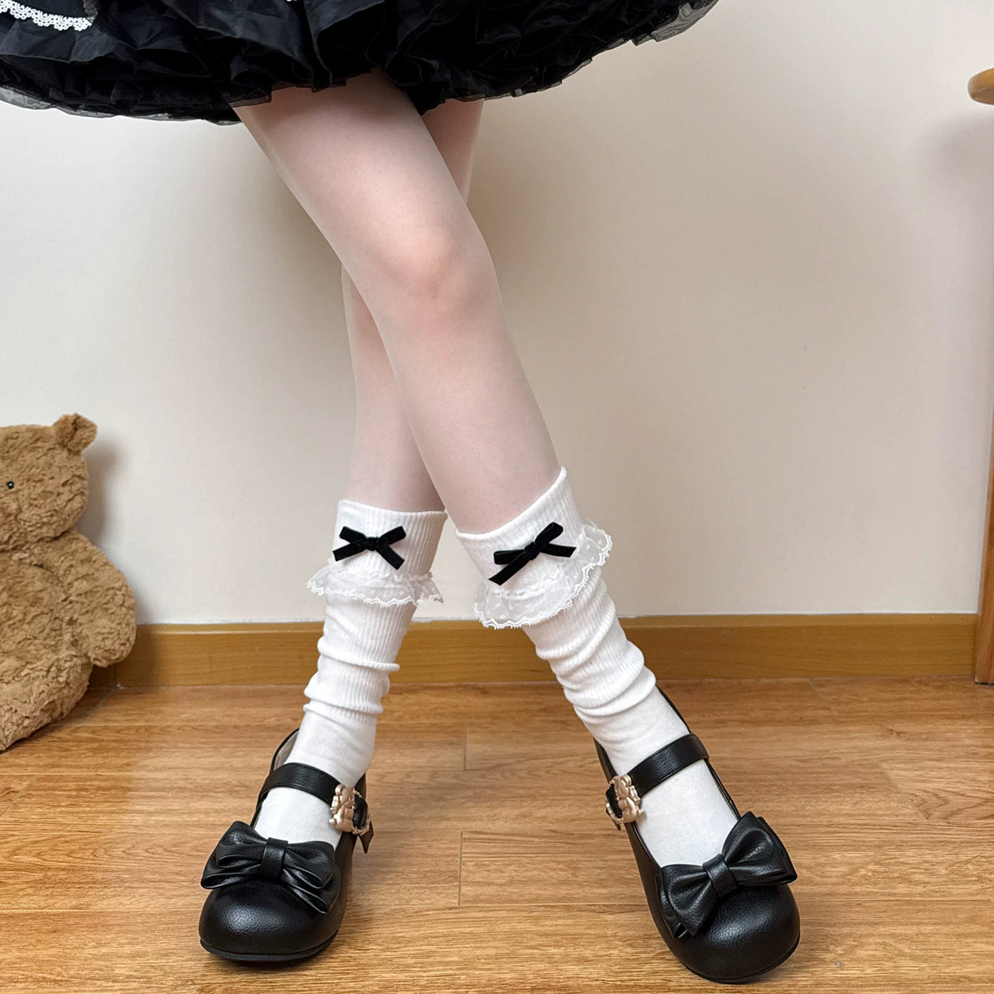 Chubby Bear Tales - Cream Ballet - Mid-Calf Slouch Socks with Lace Ruffle Cuffs and Bow Trim