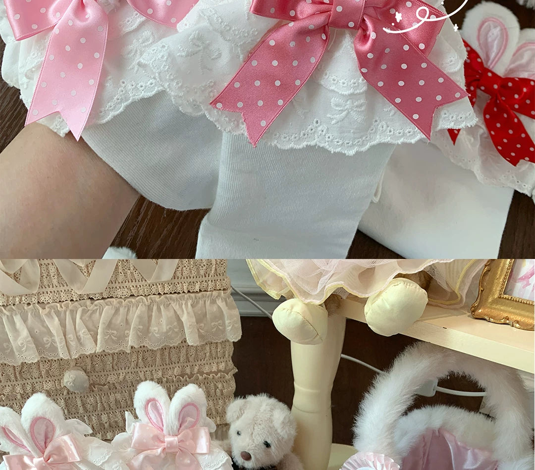 roji roji - Bunny Bow Polka Dot - Short Bunny-Ear Socks with Lace Cuffs