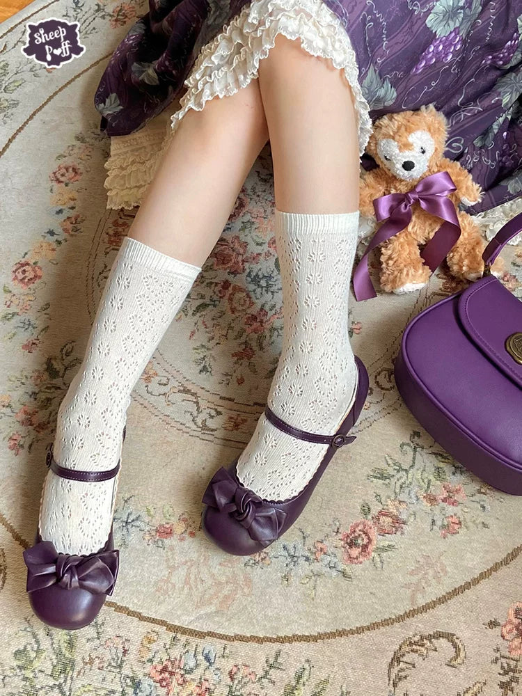 Sheep Puff Mary Jane shoes with rounded bow and grape-colored accents, featuring a cute, plush sheep puff design.