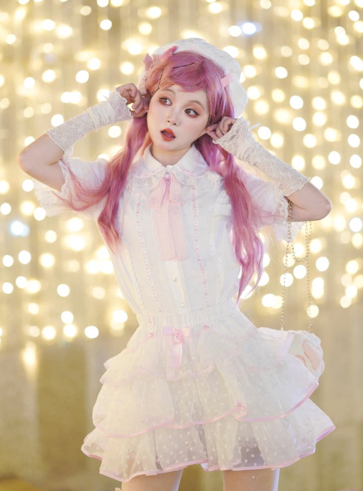 Solid pink heart-flocked organza two-piece Lolita set, S size
