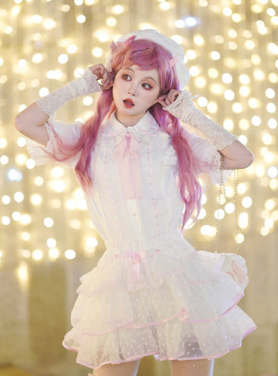 Solid pink heart-flocked organza two-piece Lolita set, S size