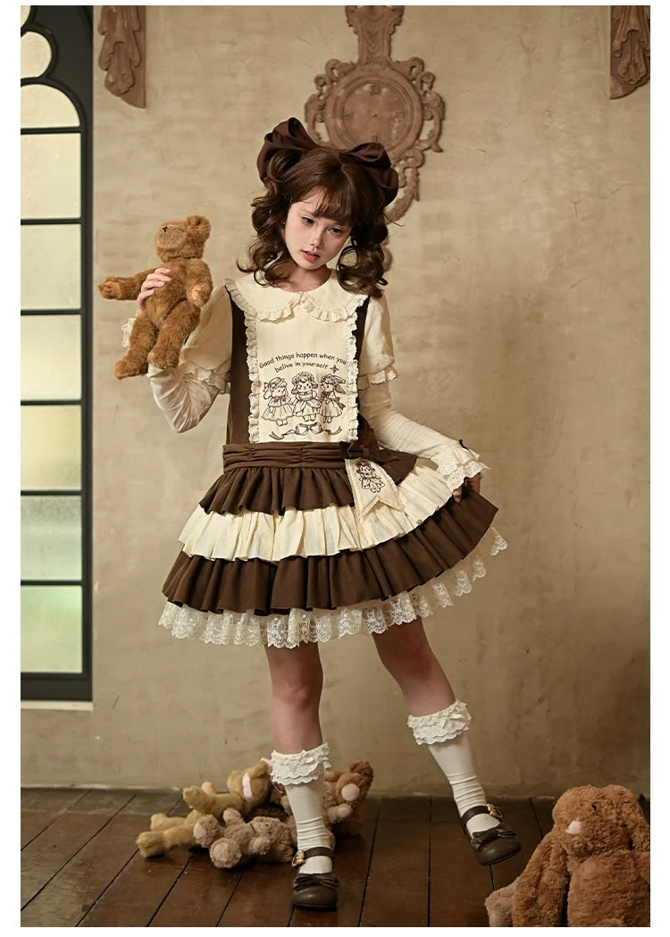 With PUJI - Sugar Frost Tale - Kawaii Lolita OP Button Closure Dress, Lamb & Bunny Embroidery