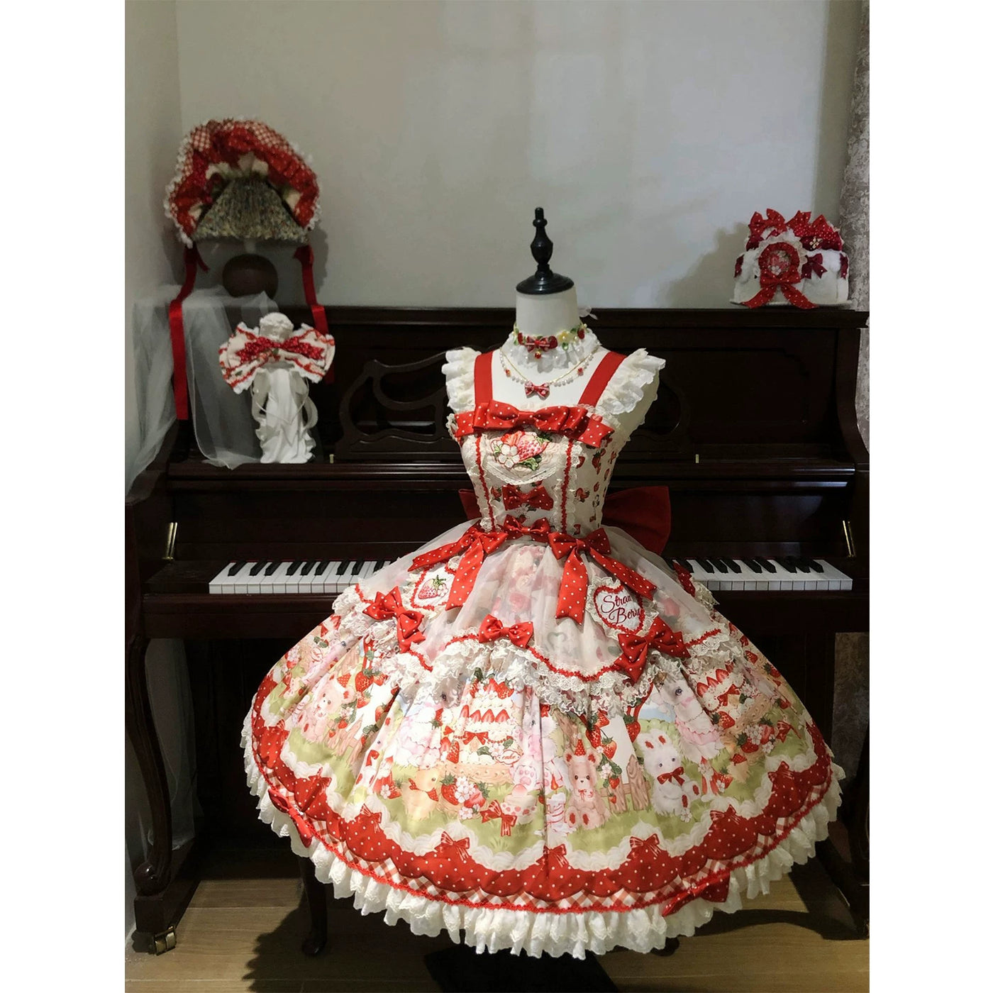 Creamy - Strawberry Cat Princess - Strawberry Cat Print Jumper Skirt Set with Back Train