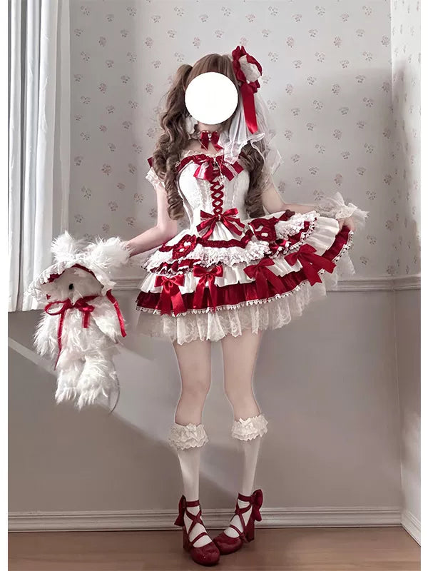 Creamy - Red Ballet Heart - Red JSK dress with a ballet-inspired layered train and heart-shaped brooches