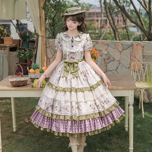 Jelly Girl - Grape Manor - Lavender Floral Lolita Dress with Layered Gingham Hem