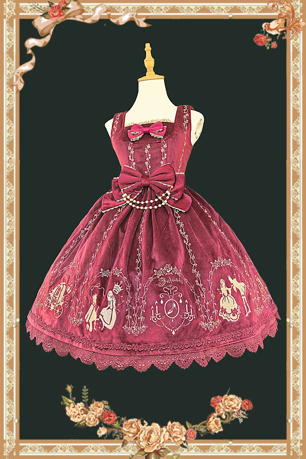 Cinderella - Velvet Classic Lolita JSK Dress, Princess Embroidery Velvet JSK - Red with Apricot Embroidery S