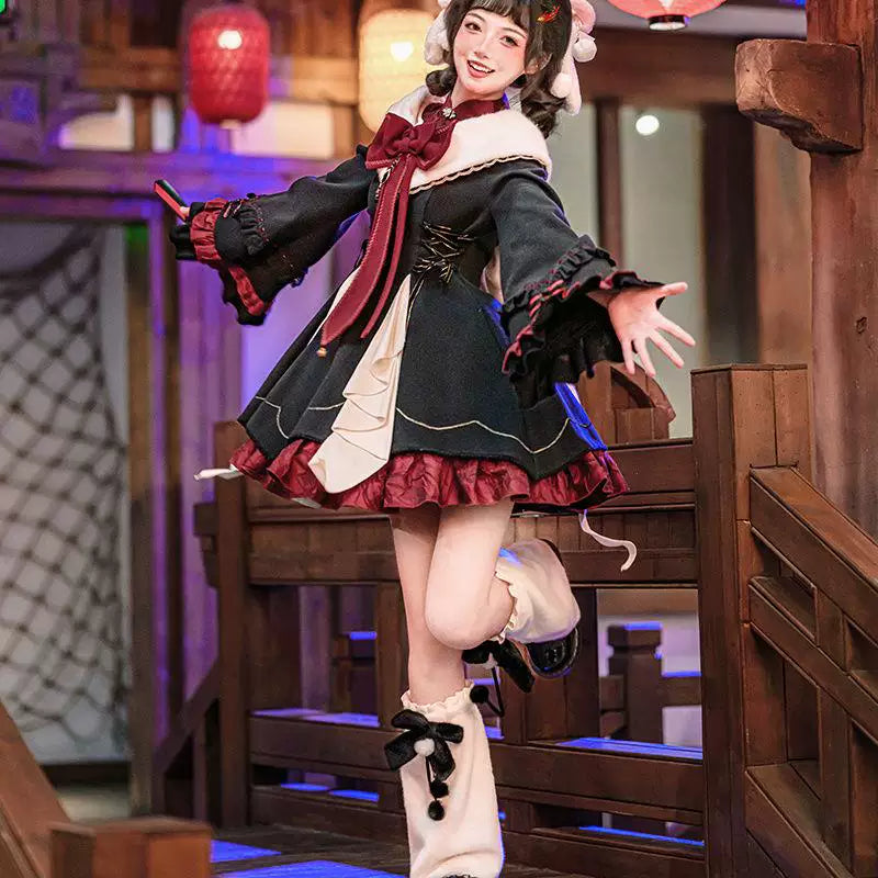 Sweetheart Dream Machine - Maohua - Black-Red Chinese-Style OP Dress with Ruffled Bib