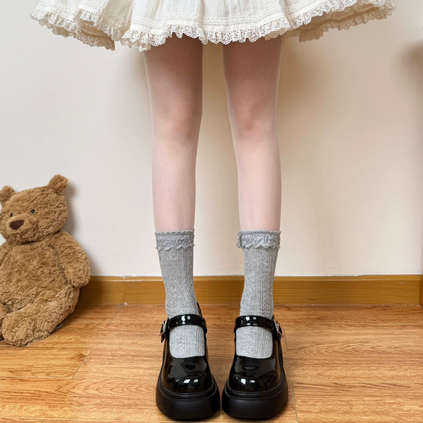 Chubby Bear Tales - Ribbon Keepsake - Cotton Mid-Calf Socks with Lace Trim