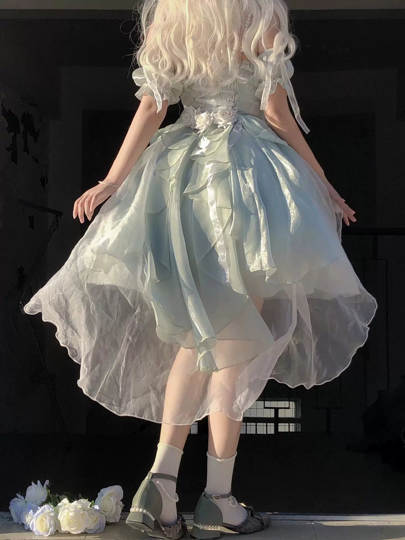 Creamy - Mint Garden Romance - Green JSK with Layered Ruffles and Floral Appliqués