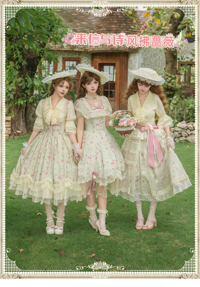 With PUJI - Wind Swept Roses - Classic Lolita Rose Printed Dress Set, Petal Hem detail view 6