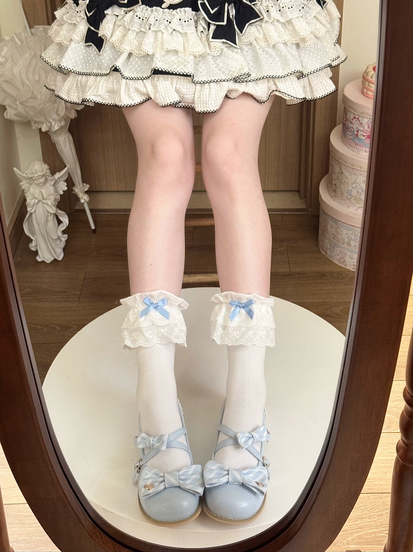 Fantasy Doll - Lace Bow - Mid-Calf Socks with Lace Cuffs