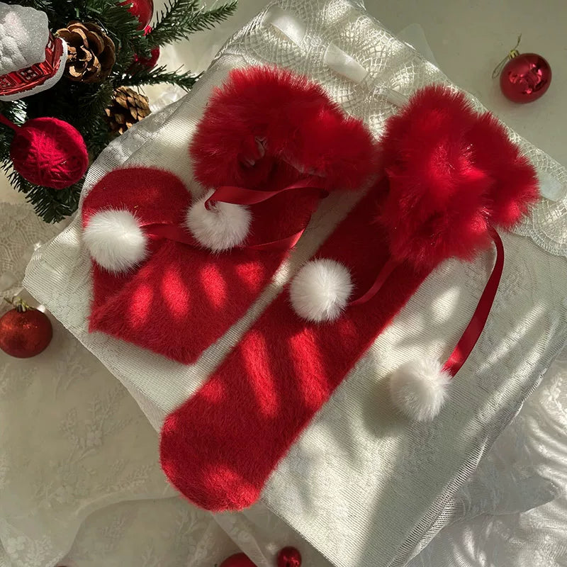 Sock Noble - Winter Ribbon - Scrunched Socks with Fuzzy Cuffs and Pom-Poms