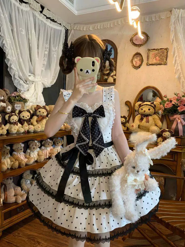 Sweetheart Dream Machine - Cream Ballet - JSK dress with black polka dots