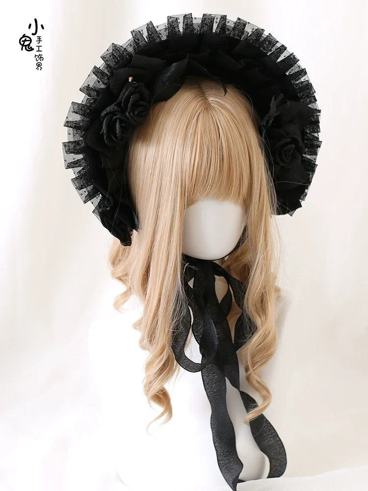 Xiaogui - Gothic Lolita Black Lace Flowers - Bonnet Headwear