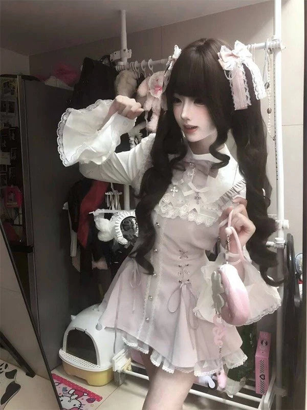 Creamy - Pink Lace Duo - Pink Gothic Lolita Pants Set with Lace Dress
