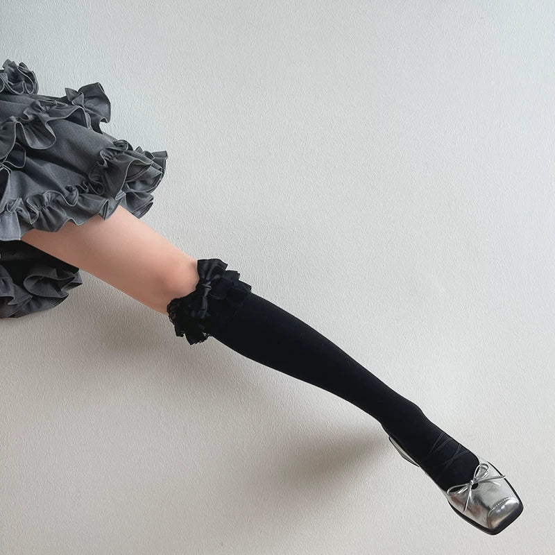 Sock Noble - Lace Bow - White or Black Mid-Calf or Long Socks with Lace Bow Trim