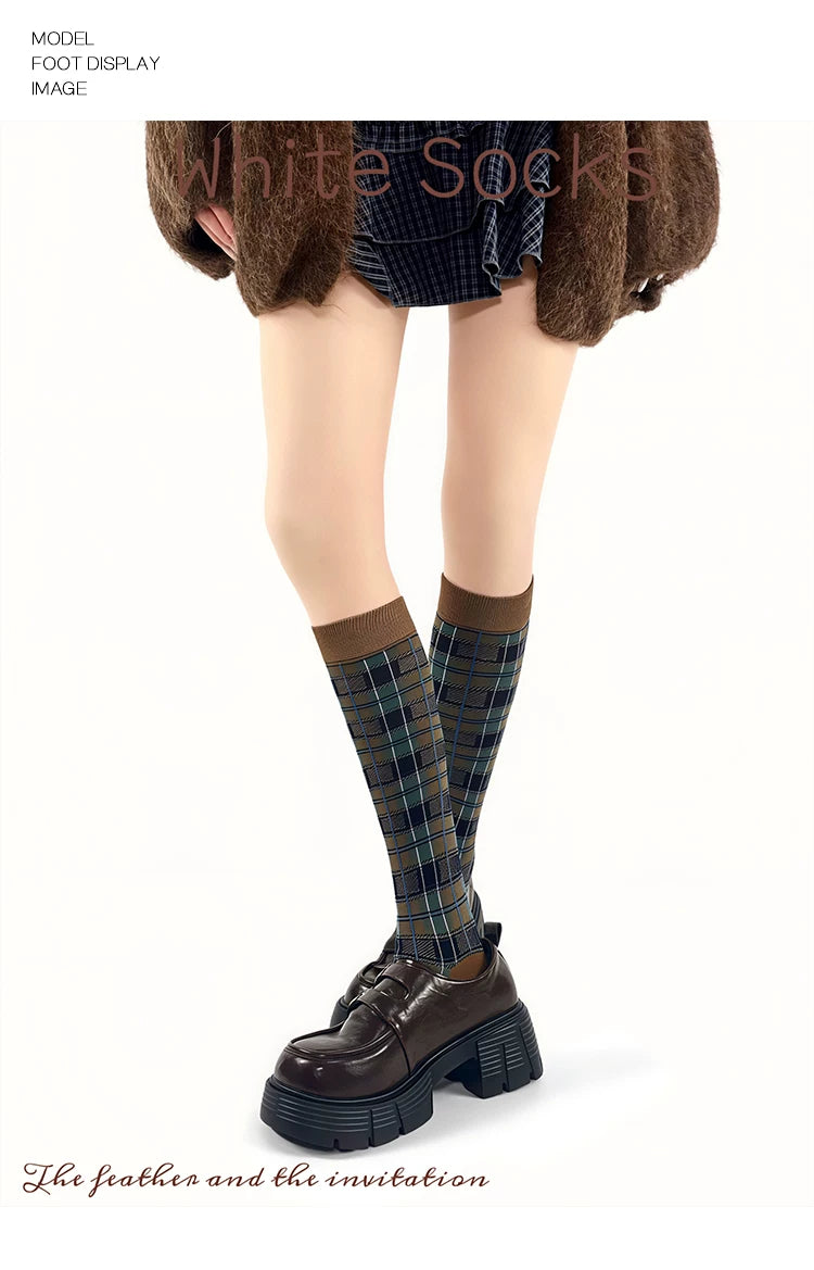 White Socks - Collegiate Plaid - Mid-Calf Socks with Contrast Cuffs