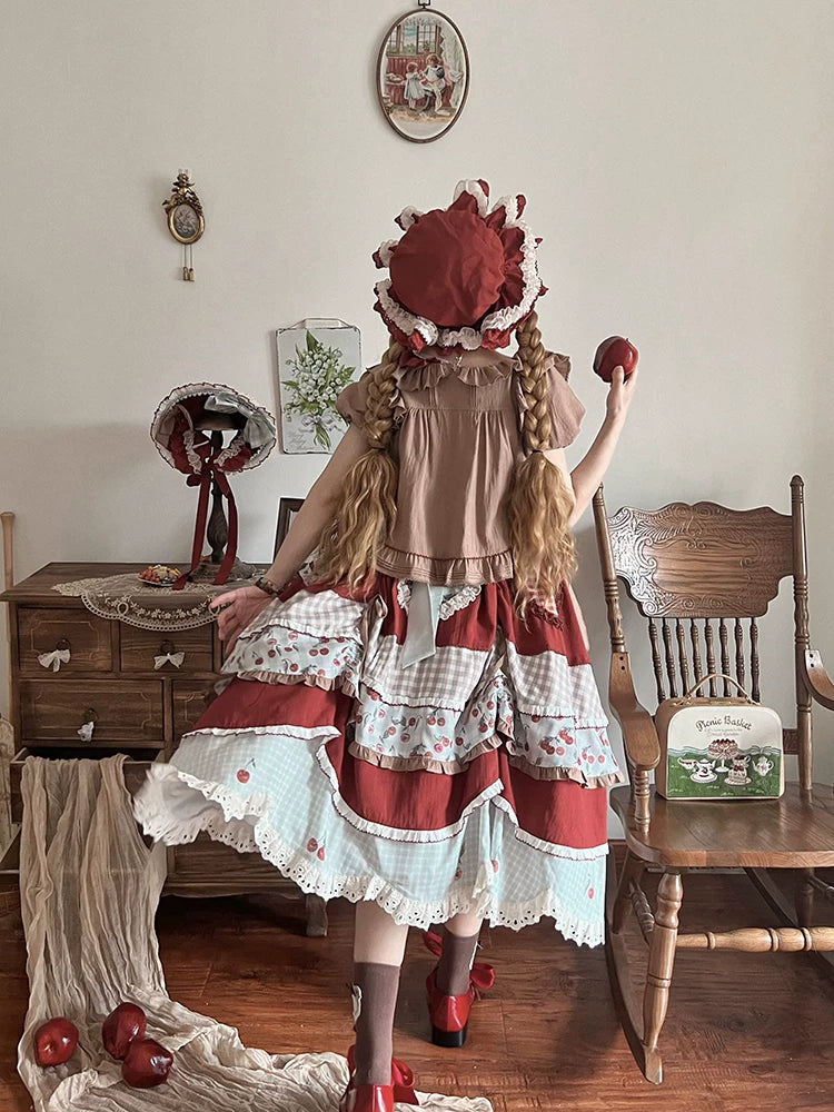 Baozi Pig - Cherry Pastoral - Red OP Dress with Cherry Print
