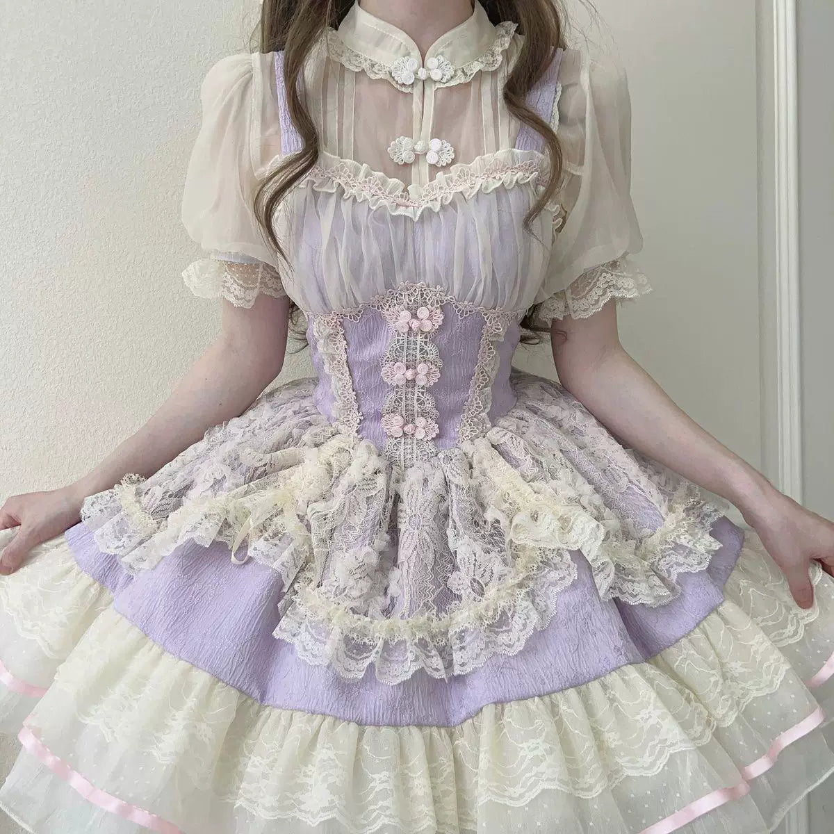 Sweetheart Dream Machine - Soft Sheer Layer - Blouse with a Lace-Trimmed Ruffled Bib
