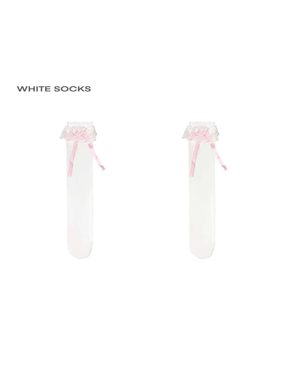 Pair of white lace-trimmed socks with pink ribbon bows shown isolated on white.