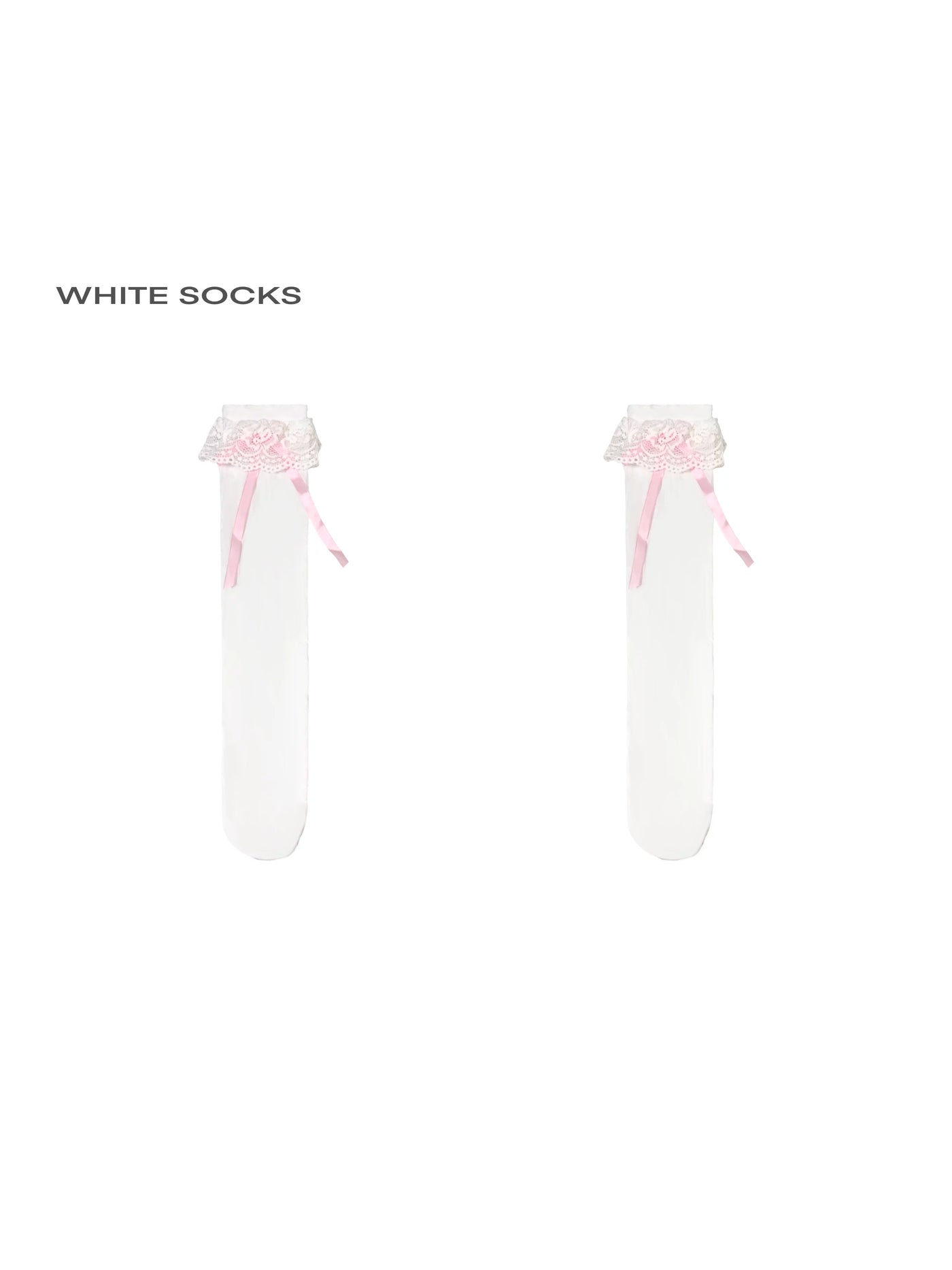 Pair of white lace-trimmed socks with pink ribbon bows shown isolated on white.