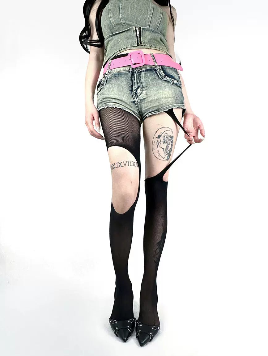 White Socks - Garter Cutout - Sheer cutout tights with integrated garter-style straps