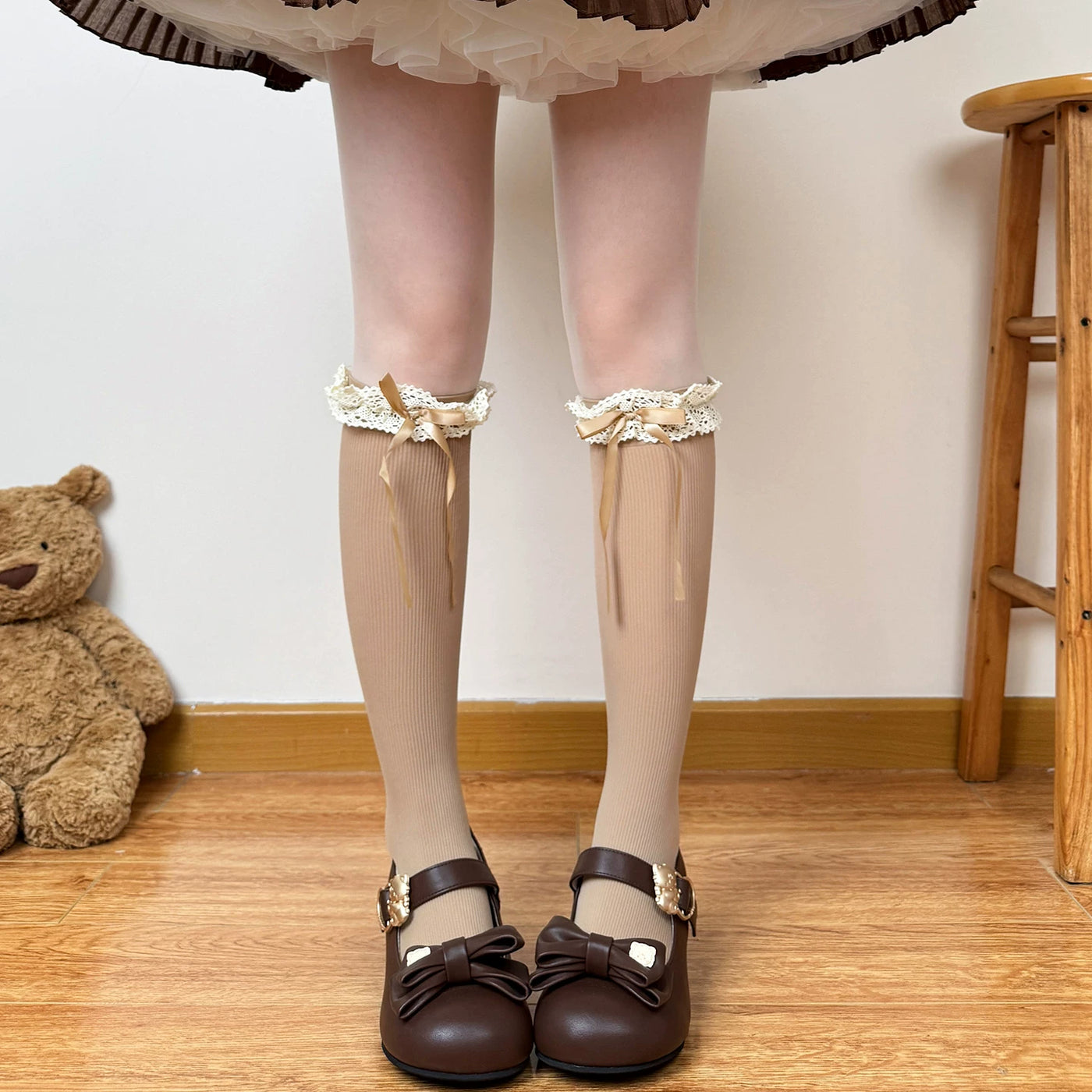 Chubby Bear Tales - Caramel Cocoa - Lightweight Velvet Calf Socks with Lace Bows