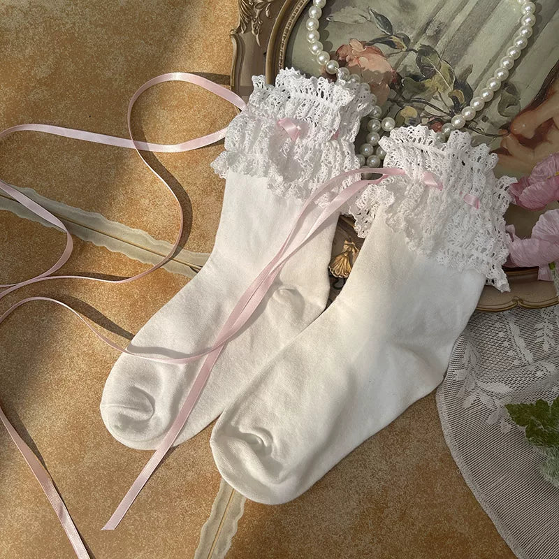 Sock Noble - Ribbon Lace - Thigh-High Socks with Ruffled Lace Cuffs