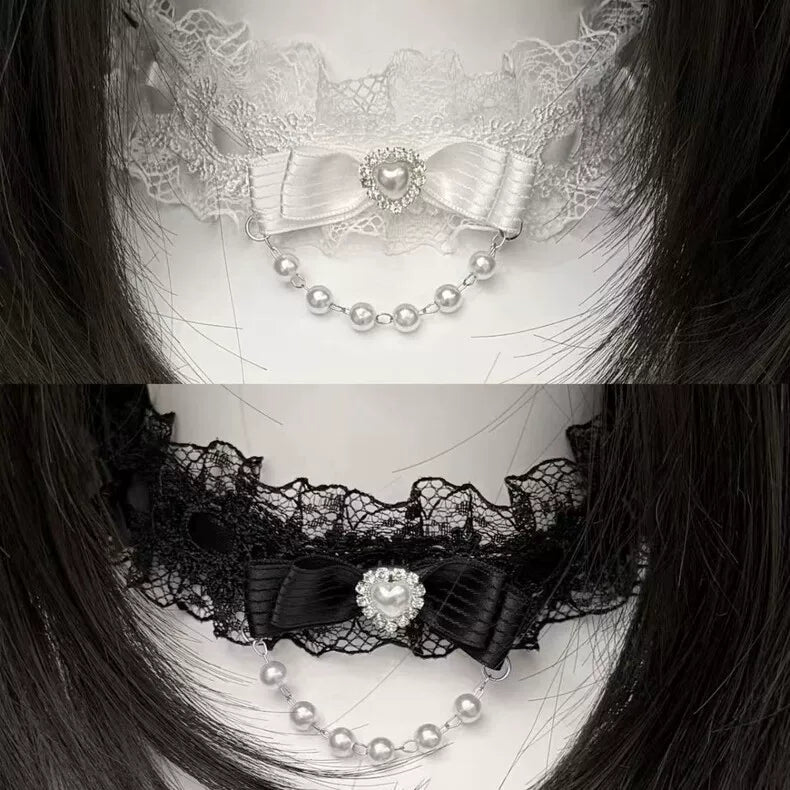 Creamy - Butterfly Pearl - Lace Choker Necklace with Bow Detail