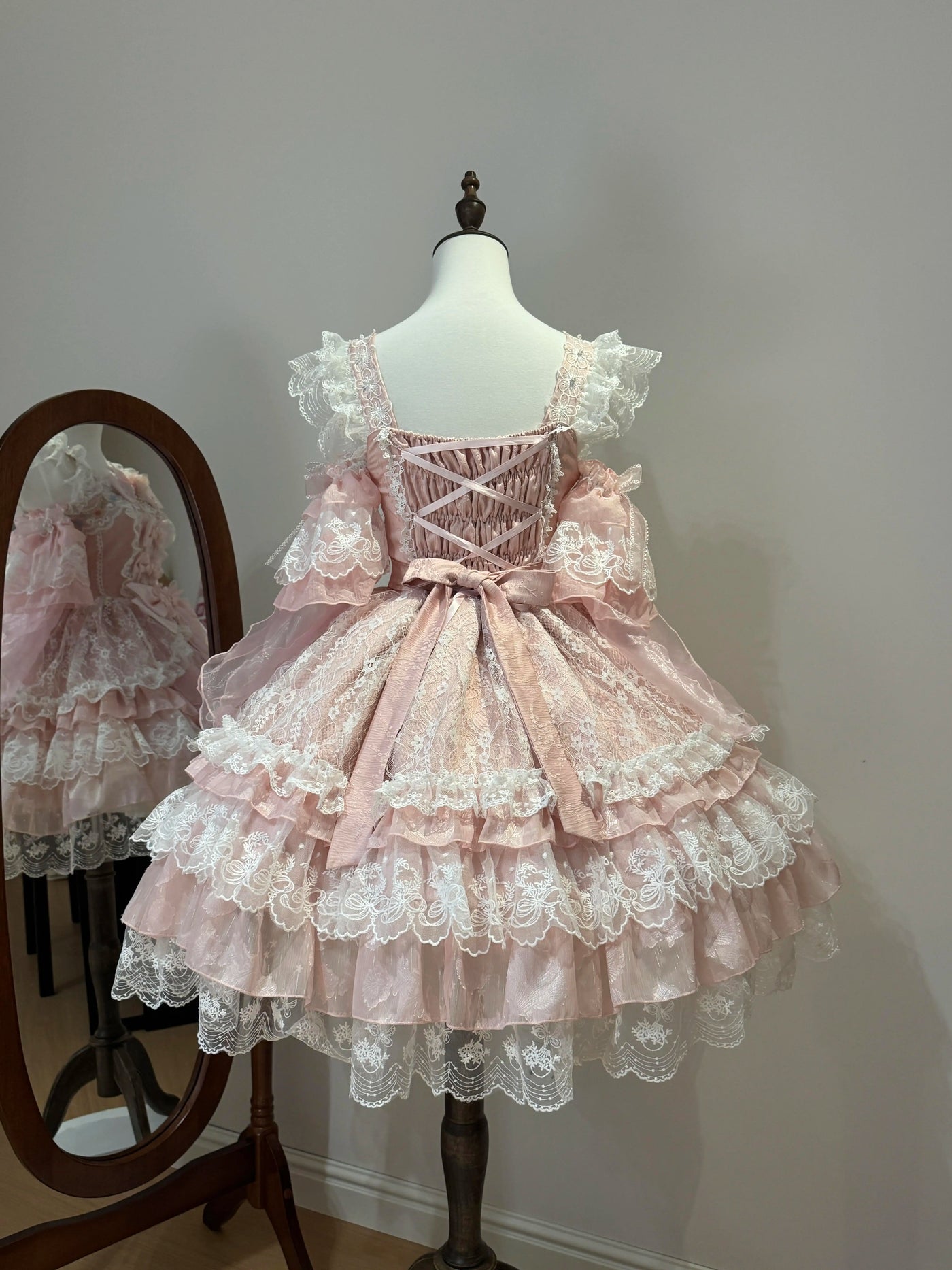 Creamy - Pink Chinese-Inspired - Pink JSK Suspender Dress with Lace Bows