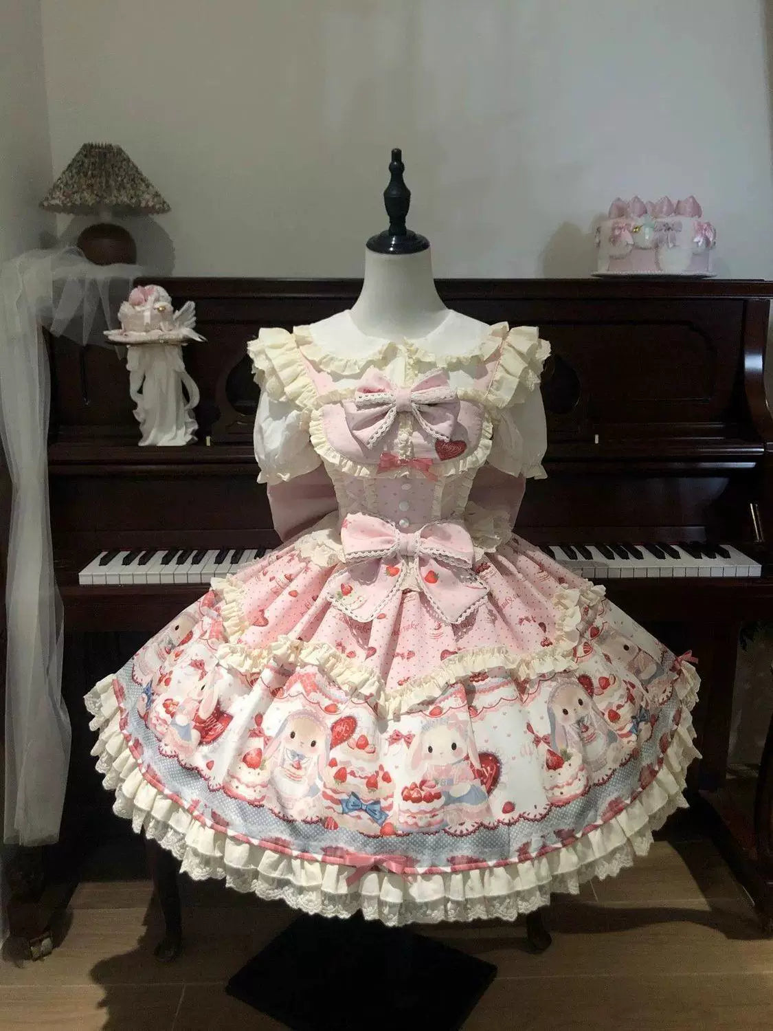 Sweetheart Dream Machine - Cute Rabbit Party - Rabbit-and-Cake Print JSK Dress with Cream Ruffles