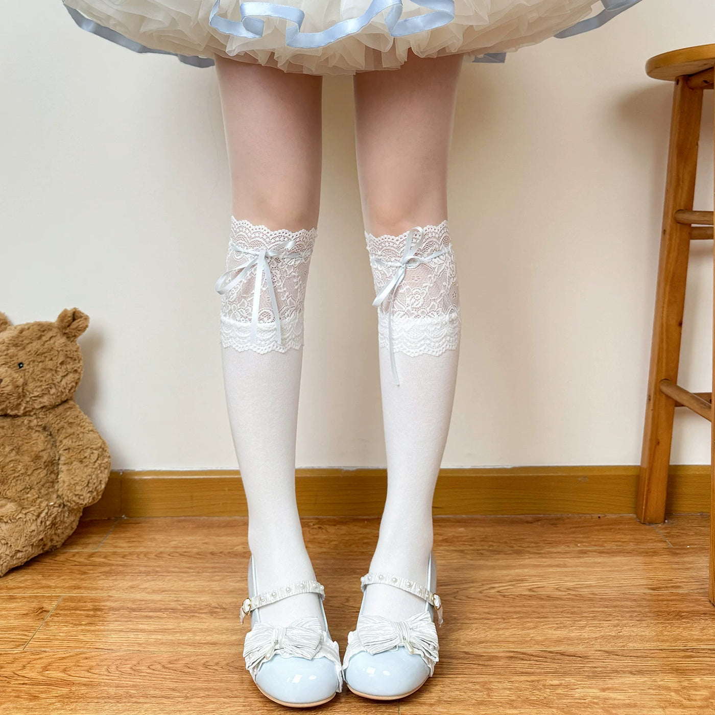 Chubby Bear Tales - Cream Ballet - Lolita Socks with Lace and Ribbon Details