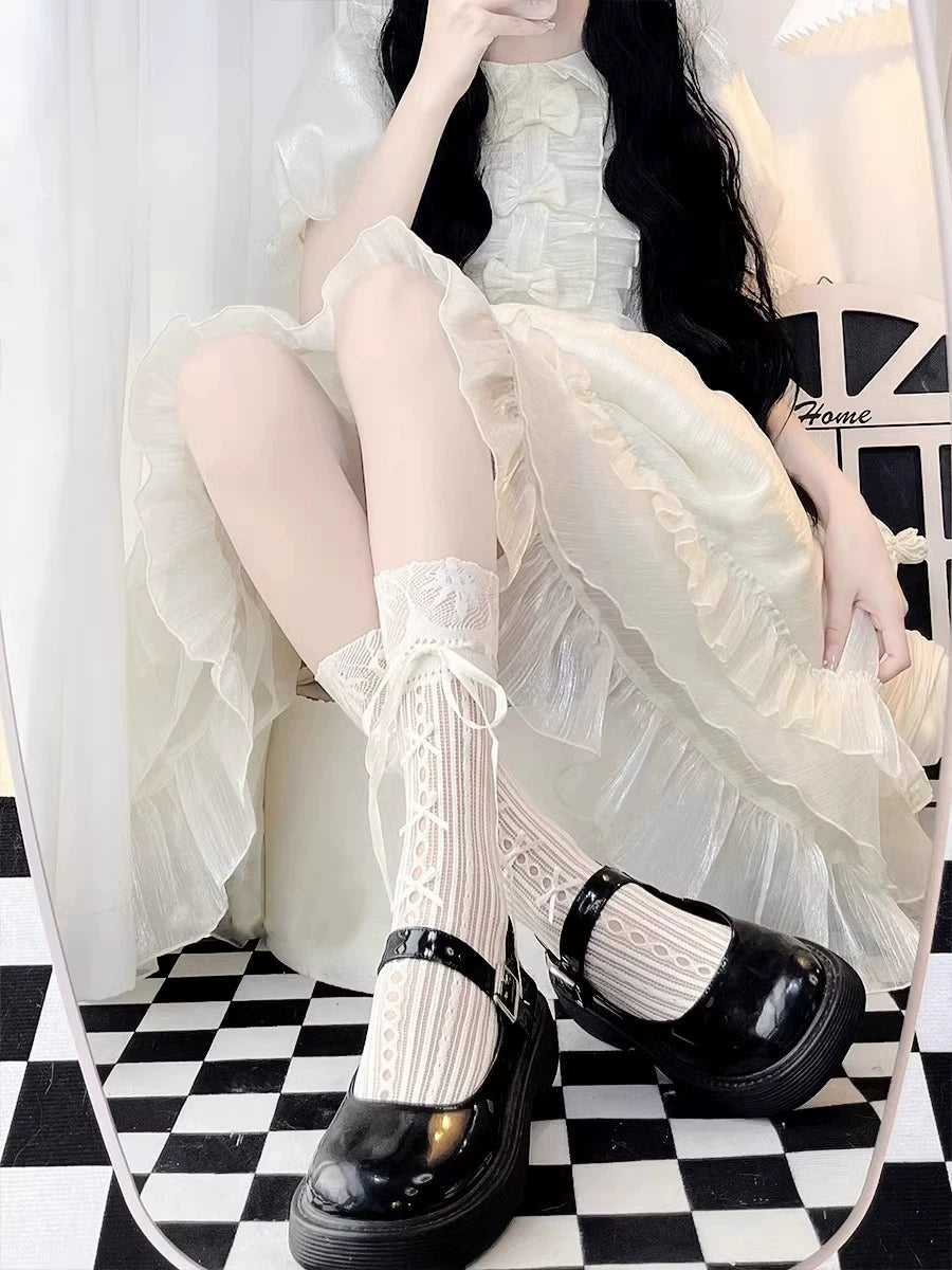 Floral Milk Cat - Ribbon Lace - Thin Lace Calf Socks with Tie Details