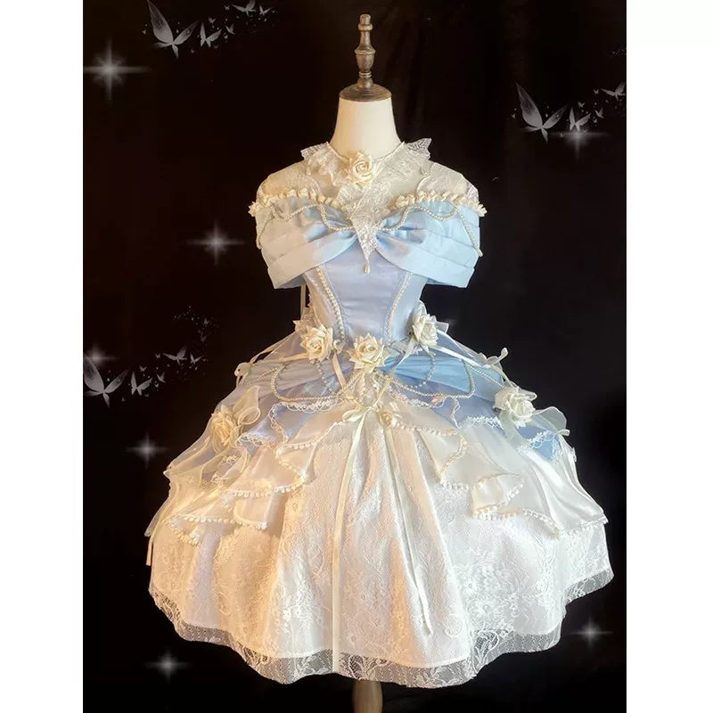 Flora Muse - Rose Encounter Lolita Ball Gown - Blue off-shoulder