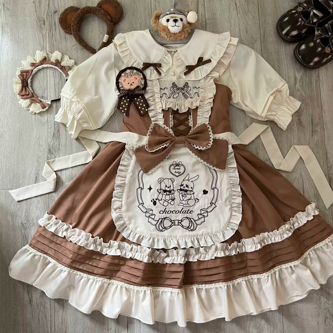 Sweet Layered Cake - Sweet Lolita JSK with Detachable Apron Khaki KC Only S