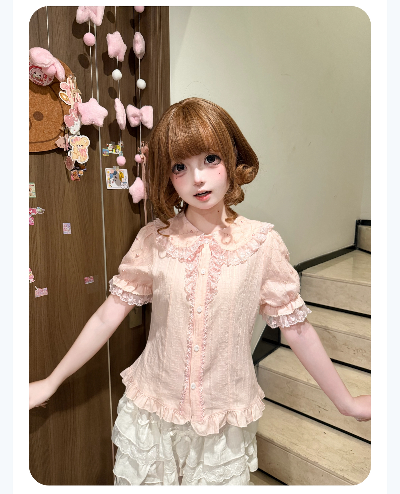 White short-sleeve Lolita inner blouse with rounded collar and ruffle trim
