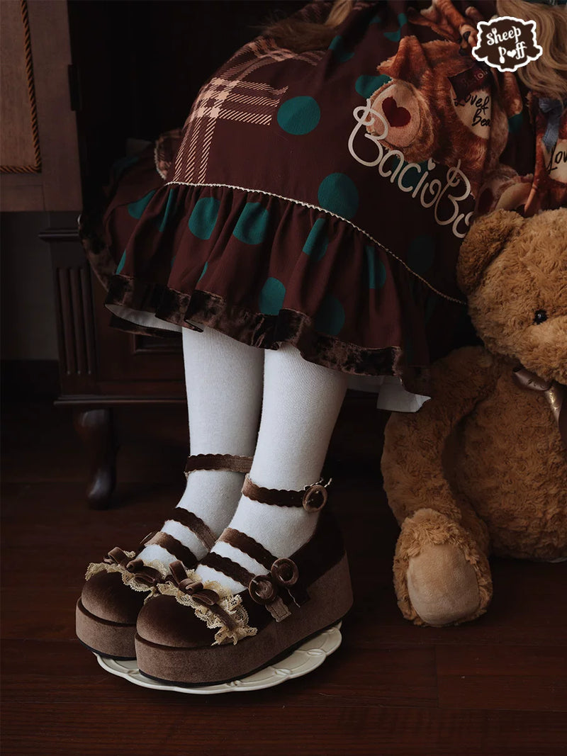 Sheep Puff Tiramisu Velvet Platform Lolita Shoes featuring a fluffy sheep puff design and velvet finish.