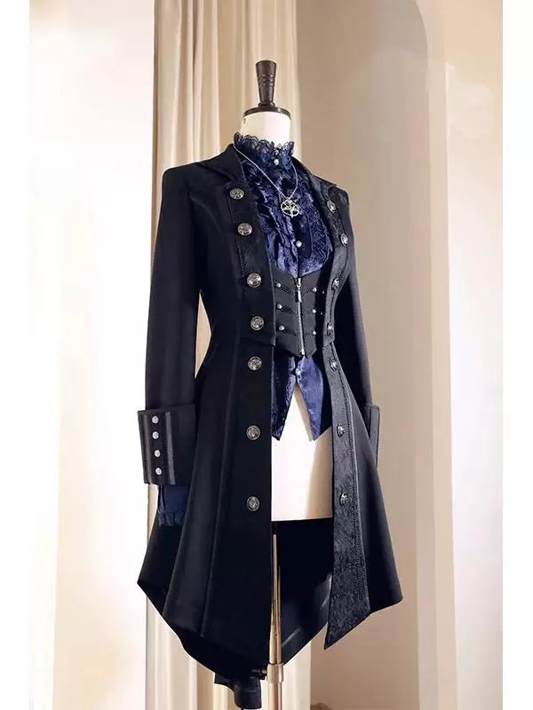 Black long coat with decorative button rows, extended cuffs and pointed front panels