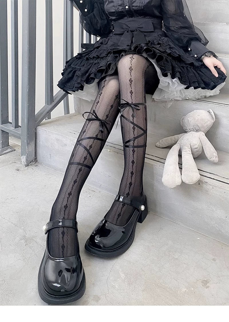 Floral Milk Cat - Ribbon Line - Lace-up tights