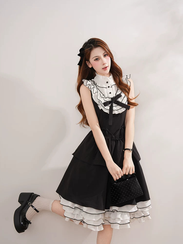 Miyou - Monochrome Polka-Dot Ruffle - Black-and-White Polka-Dot Paneled JSK Dress with Layered Ruffles