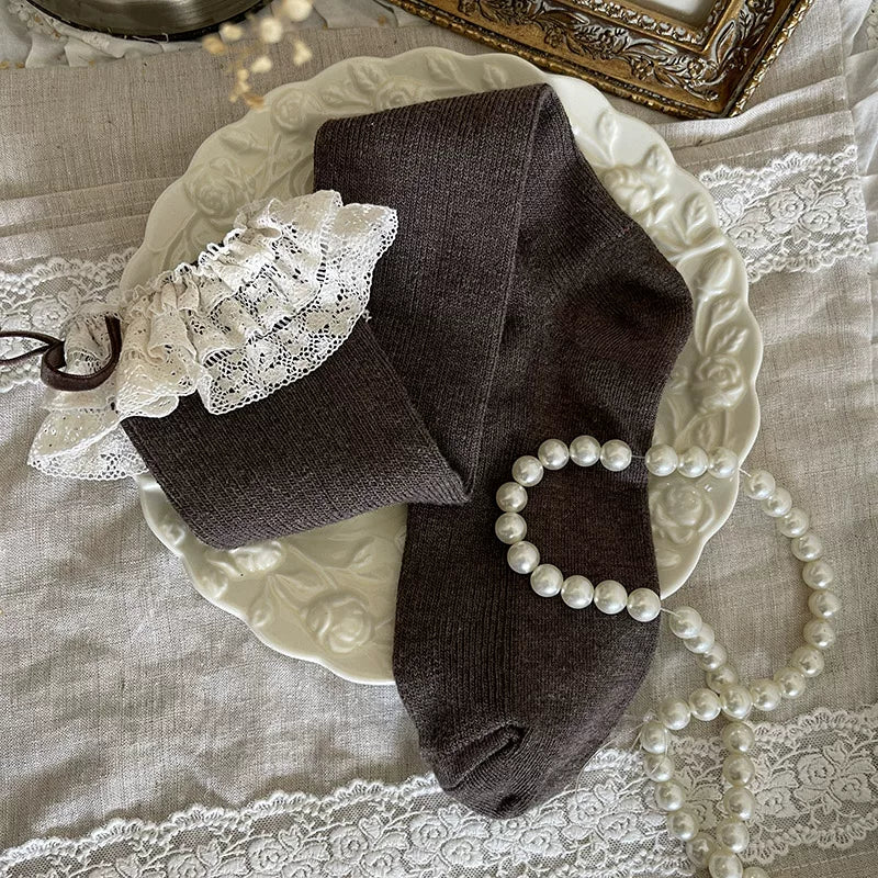 Sock Noble - Cream Lace Cake - Over-the-knee and mid-calf socks with layered lace bows