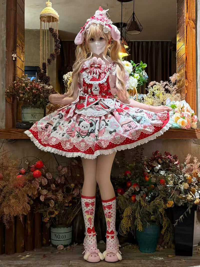 Yanran Sweet Lolita OP dress in mint green with cartoon puppy print, lace trim, and puffed short sleeves