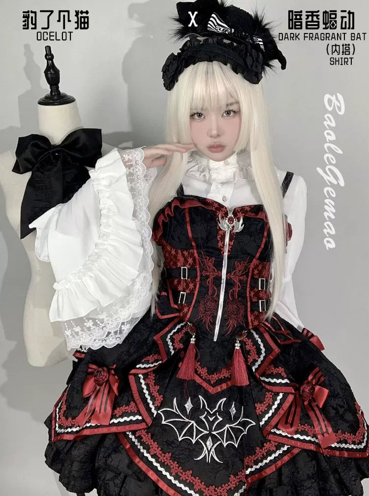 Leopard cat-themed Gothic princess sleeve blouse by Lolita Fetch, featuring hidden fragrance detail and elegant gothic style.